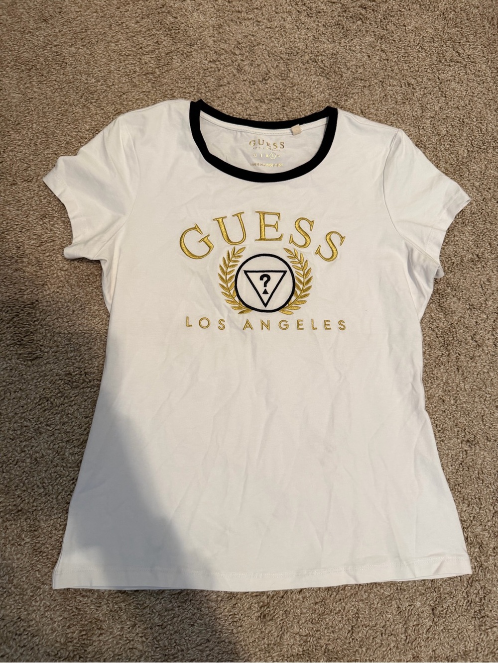 GUESS White Tee with Black Trim and Gold Logo - Los Angeles